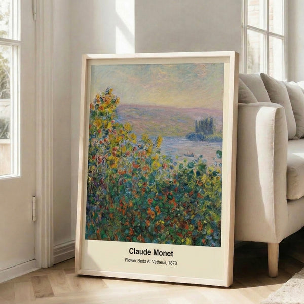 Luminous impressionist garden artwork featuring vibrant flower beds in orange, blue, and green tones, creating a peaceful and contemplative visual experience on the wall.