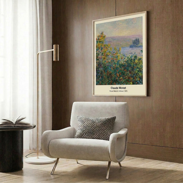 Soft impressionist depiction of blooming riverside flowers with warm orange and cool violet hues, evoking a serene garden setting in this framed art print.
