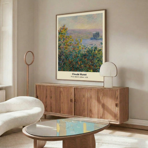 Contemplative impressionist painting of flower beds in luminous orange, green, and blue, capturing the tranquil essence of a flowering garden landscape.