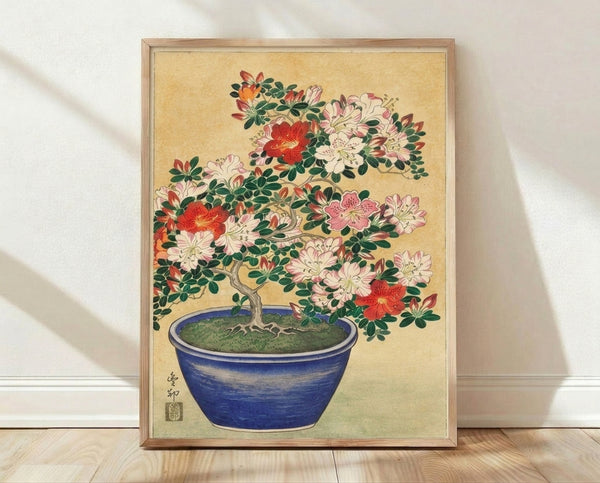 Serene Japanese woodblock-style art print of a delicate azalea bonsai tree in a cobalt blue pot, rendered in soft cream, crimson, and forest green tones on a cream background.