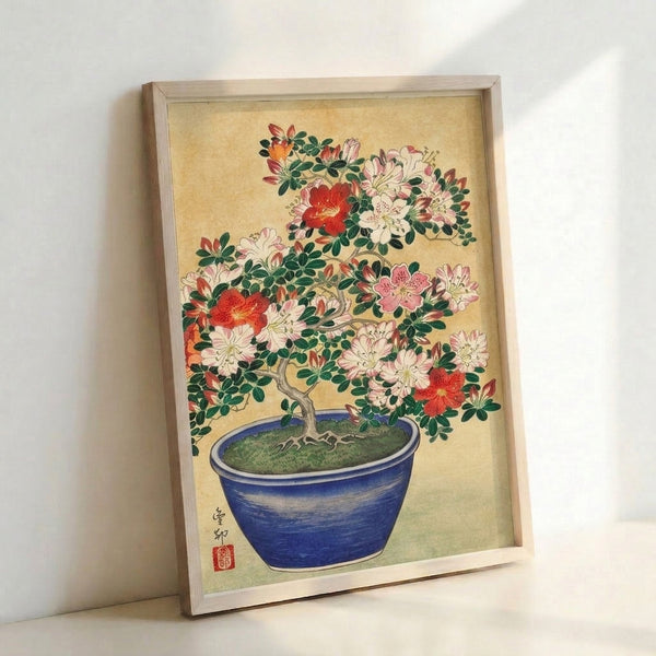 Contemplative bonsai tree print inspired by Japanese woodblock techniques, featuring an azalea specimen in a deep blue ceramic pot with serene, minimalist composition.