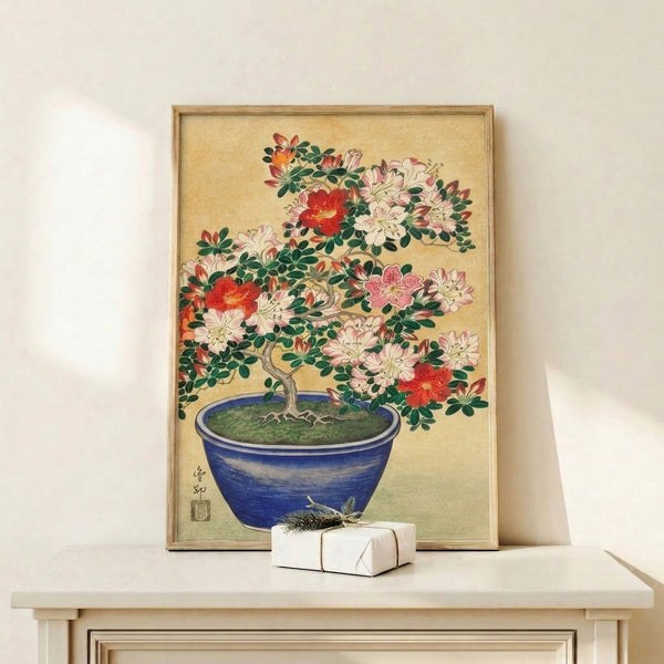 Zen-inspired framed poster of a potted azalea bonsai rendered in soft watercolor-like tones: cream, cobalt blue, crimson accents, and muted greens.