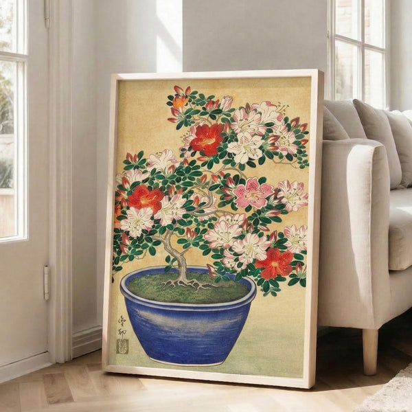 Japanese-influenced art print showing a flowering bonsai azalea with detailed foliage in a blue pot, executed in traditional woodblock style with serene Japandi aesthetic.