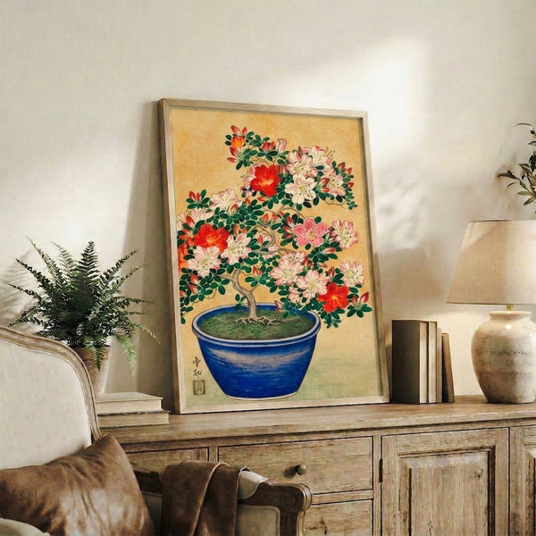 Tranquil bonsai poster featuring a blooming azalea tree in cobalt blue vessel, combining Japanese woodblock heritage with soft cream, pink, and forest green hues.