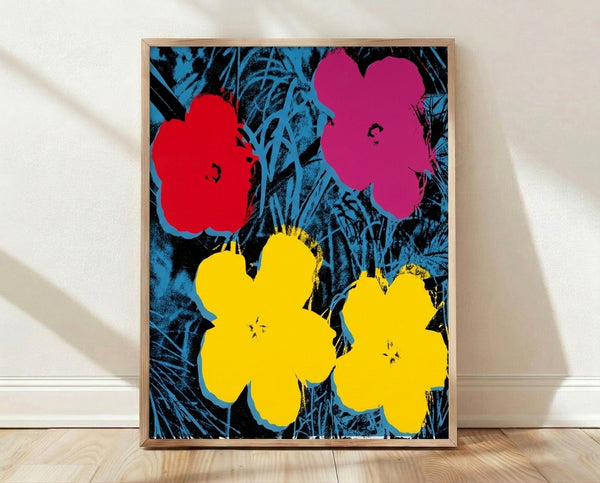 Vibrant pop art floral poster featuring bold, colorful flowers in the style of Andy Warhol's iconic screen-print aesthetic.