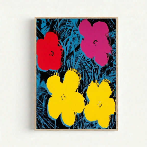 Modern flower poster art with bright, saturated hues and graphic blooms characteristic of 1960s pop art design.