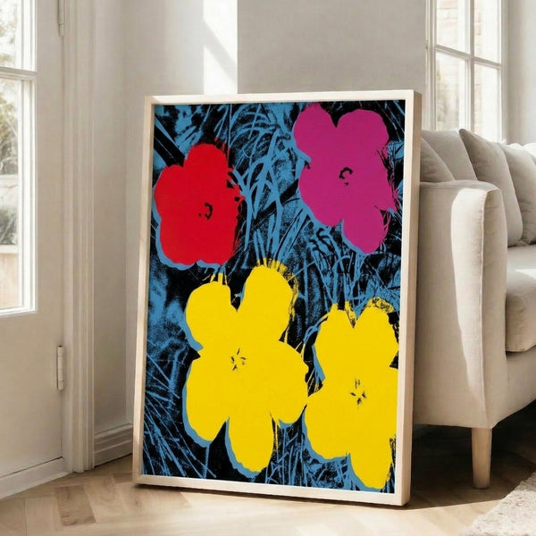 Contemporary wall art print inspired by Andy Warhol's flower series with eye-catching neon-bright petals and silkscreen technique.
