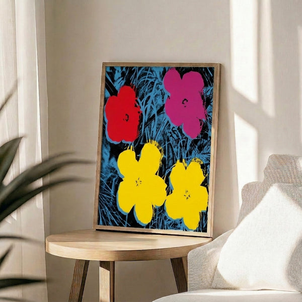 Colorful flower poster featuring bold graphic design and vibrant palette typical of pop art movement masterpieces.