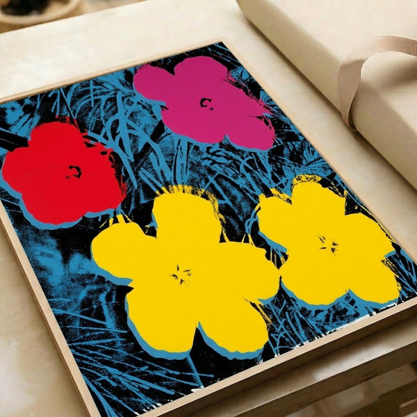 Pop art floral print with striking color combinations and simplified flower shapes in Warhol's distinctive modern style.