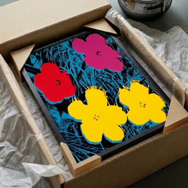 Decorative flowers poster art showcasing bright, layered blooms in the pop art tradition hung as framed wall decor.