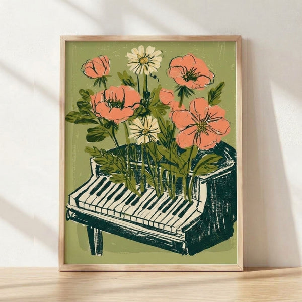 Line art illustration of a piano with blooming flowers and botanical plants in sage green, coral pink, and mustard yellow on cream background, framed as a boho wall poster.