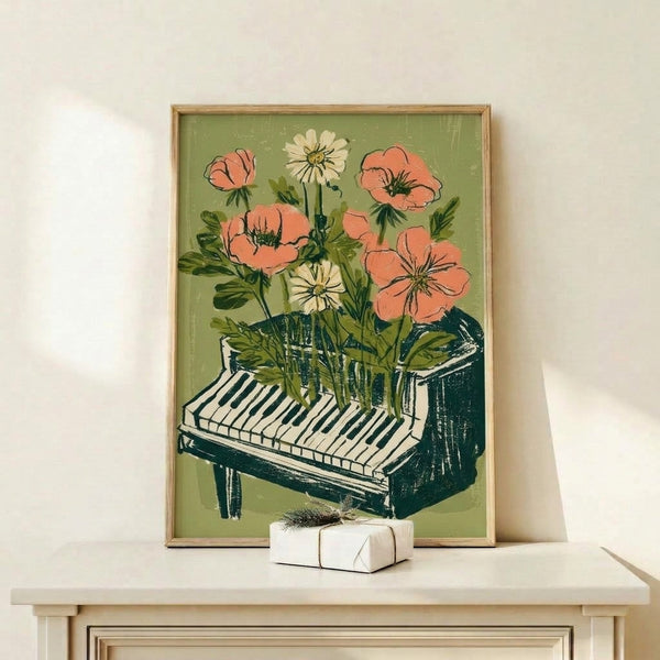 Whimsical line drawing combining a piano keyboard with delicate flowers and foliage in forest green and soft coral tones, displayed as a framed botanical art print.