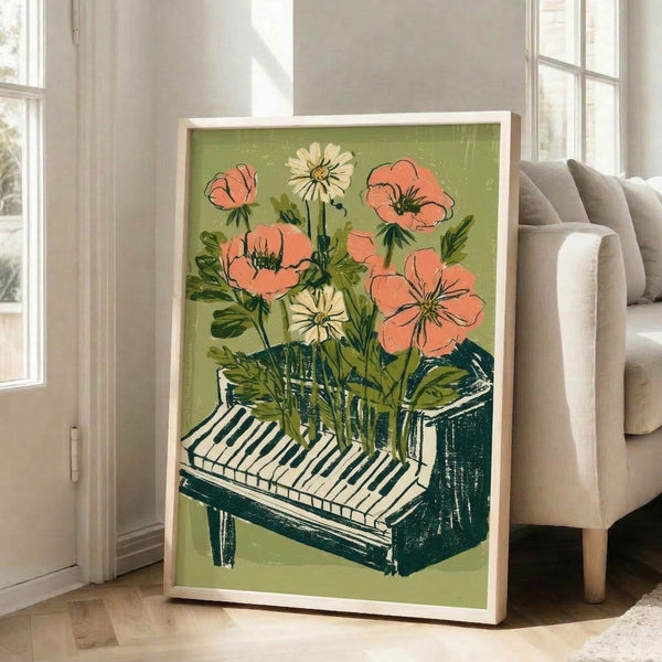 Retro-style line art poster featuring a piano intertwined with flowering plants in warm sage, mustard, and pink hues, creating a creative and homey botanical composition.