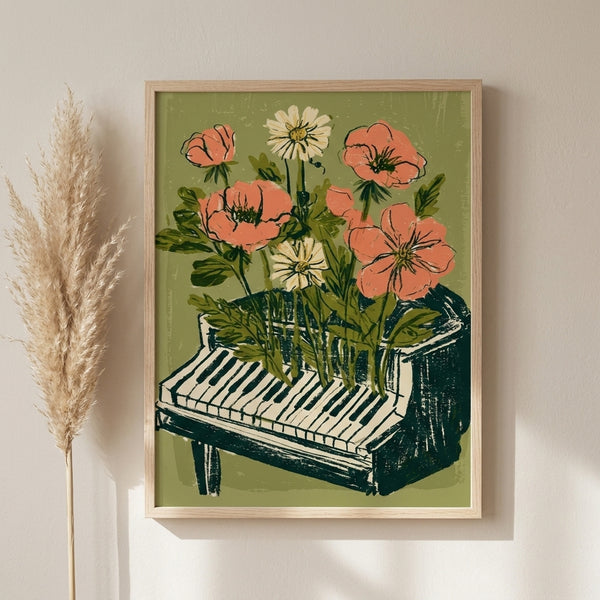 Minimalist line art print of a piano adorned with blooming botanicals in earthy greens and coral accents, framed boho-inspired wall decor with whimsical charm.