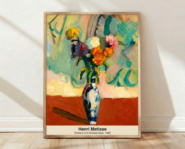 Abstract floral poster featuring vibrant magenta and orange blooms arranged in a Chinese vase, with bold green and yellow accents in modern expressionist style.