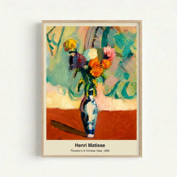 Framed modern art print of colorful flowers in a decorative vase rendered in bright, emotionally expressive abstract brushwork with blues and warm tones.