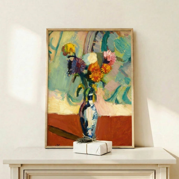 Vibrant poster art showing stylized flowers bursting from a Chinese vase in vivid colors including magenta, yellow, and blue against an expressive abstract background.
