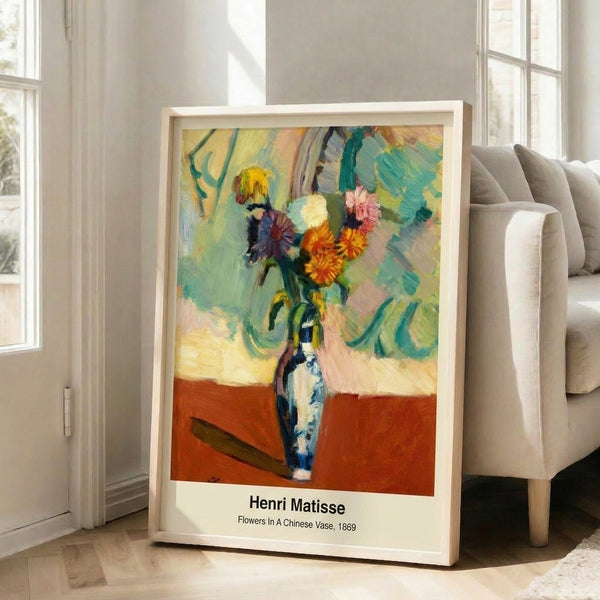 Emotionally charged floral print with abstract interpretation of flowers in a vase, featuring energetic brushwork and a bold palette of warm and cool tones.