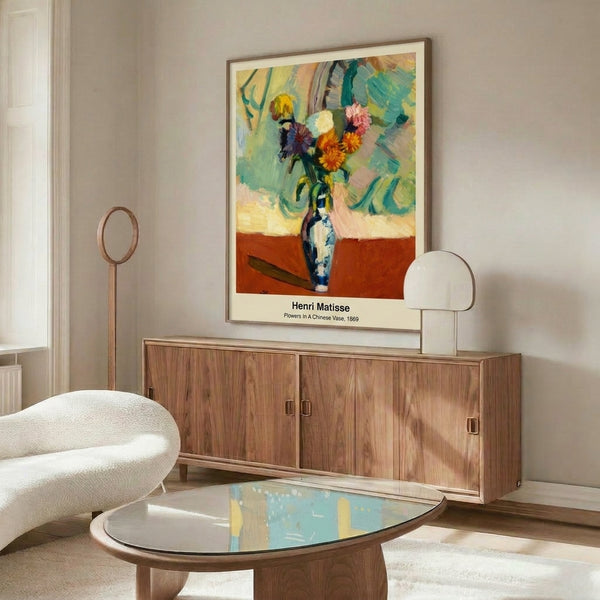 Bold wall art print of flowers in a Chinese vase with expressive abstract style, combining vibrant oranges, magentas, yellows, and blues in emotionally resonant composition.