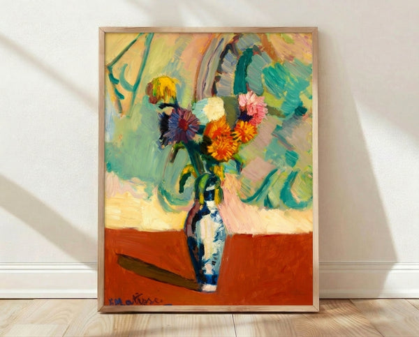 Framed abstract floral poster featuring vibrant blooms arranged in a decorative Chinese vase, rendered in bold, expressive brushstrokes with a modern artistic sensibility.