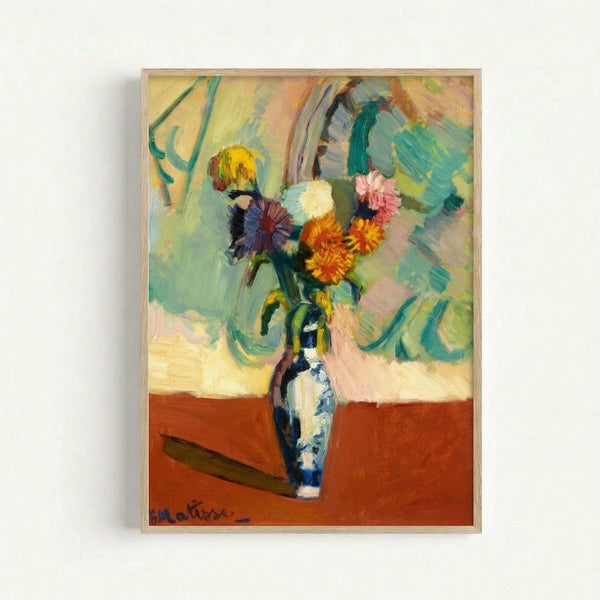 Matisse-inspired wall art depicting colorful flowers bursting from an ornamental vase, with loose, dynamic linework and a joyful palette of warm and cool tones.