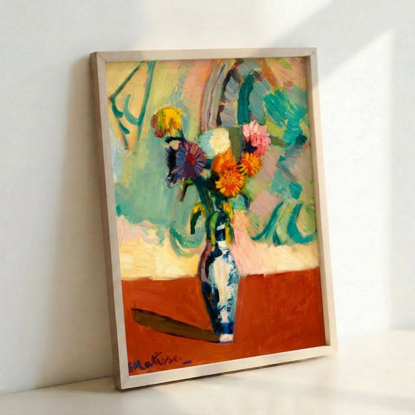 Botanical-themed art print showing an elegant arrangement of stylized flowers in a patterned Chinese vase, executed in a contemporary abstract style.