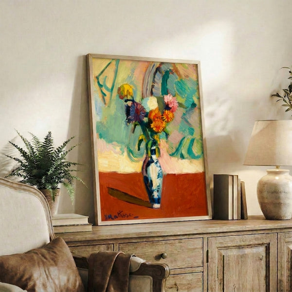 Abstract botanical poster displaying an expressive bouquet of flowers in a decorative vase, combining bold color choices with gestural, painterly mark-making.