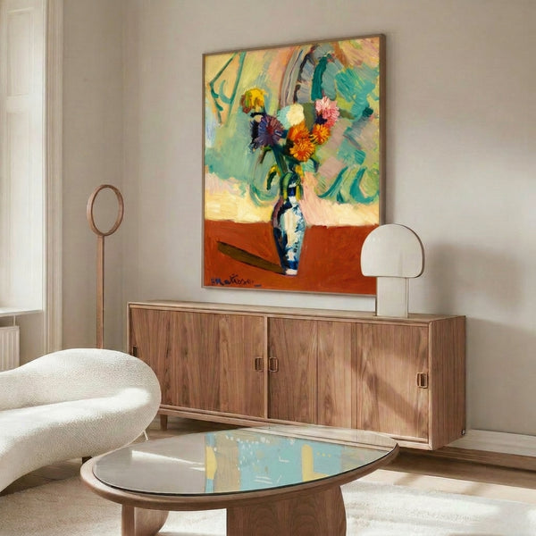 Contemporary art print of a flower-filled Chinese vase rendered in vibrant colors and simplified forms, evoking the spirit of early modern painting.