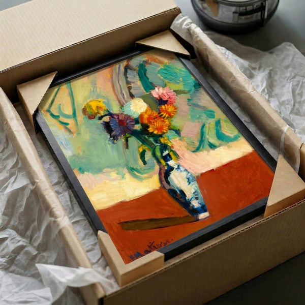 Wall art featuring an imaginative arrangement of blooms in an ornamental vase, showcasing fluid brushwork and a rich, harmonious palette of interacting colors.