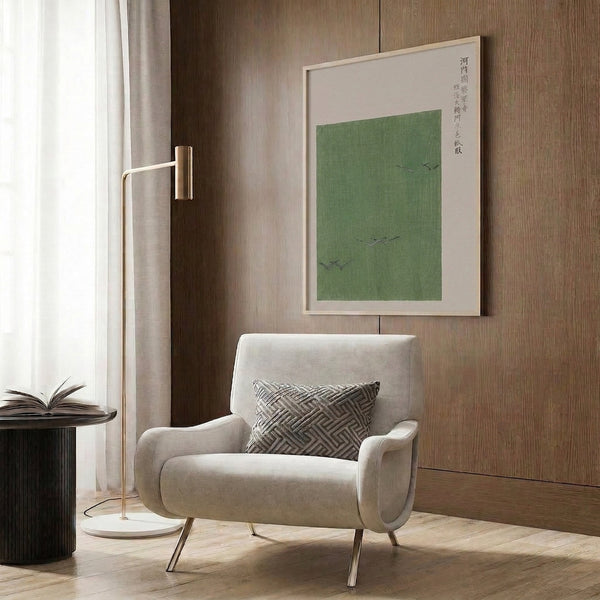 Zen-inspired framed print featuring minimalist temple scenery with birds in flight, palette of soft greens, cream, and charcoal.