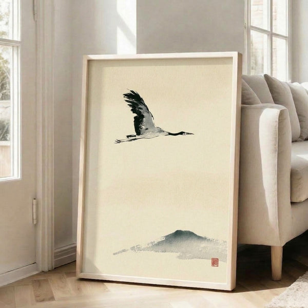 Graceful crane in flight rendered in traditional ink wash style with abstract mountain forms, embodying contemplative wabi-sabi aesthetic in muted earth tones.