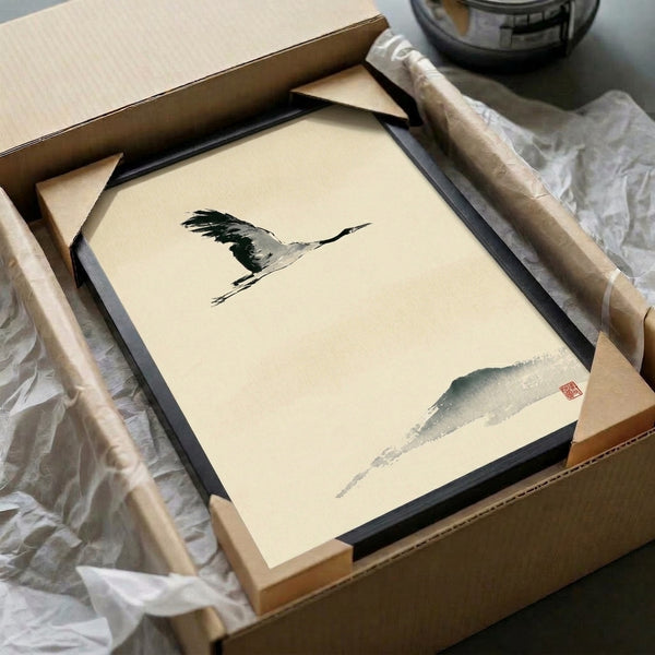 Elegant flying crane with sweeping brushstrokes and negative space mountain silhouette, capturing serene Japanese ink art tradition in monochromatic palette with sage accent.