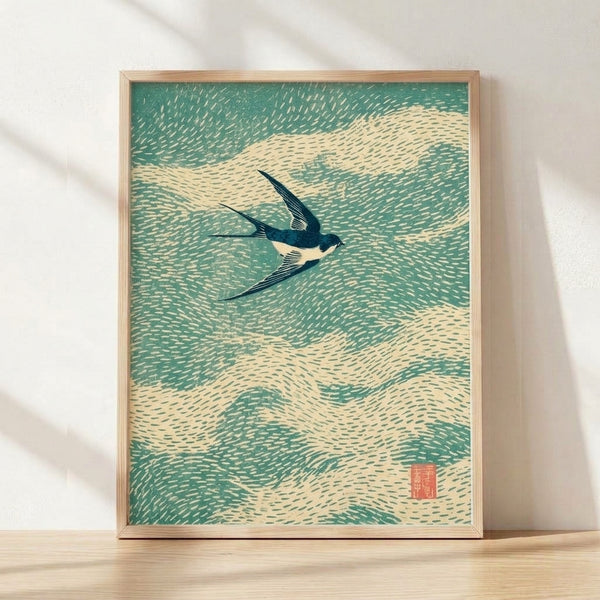 Minimalist Japanese woodblock-style poster depicting a graceful swallow in flight against a soft sage green sky, with serene waves in cream and teal tones below.