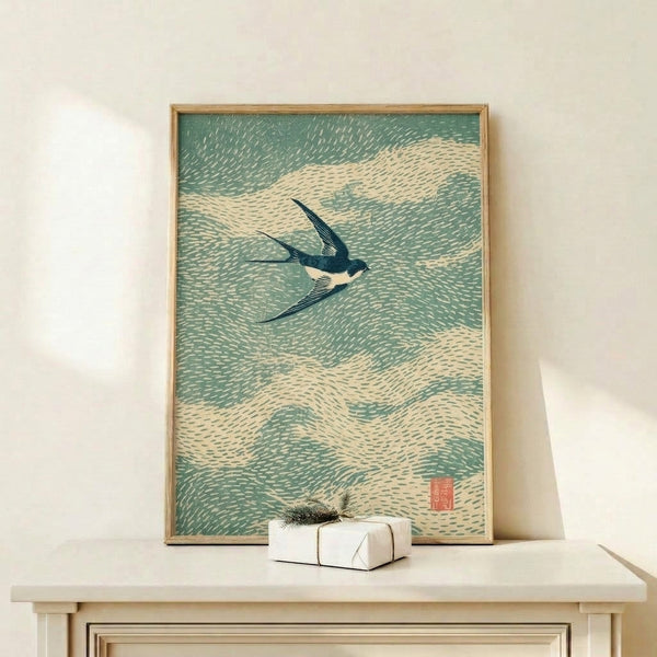 Framed art print featuring a solitary bird soaring over calm coastal waters, rendered in muted sage, cream, and charcoal in the style of traditional Japanese woodblock prints.