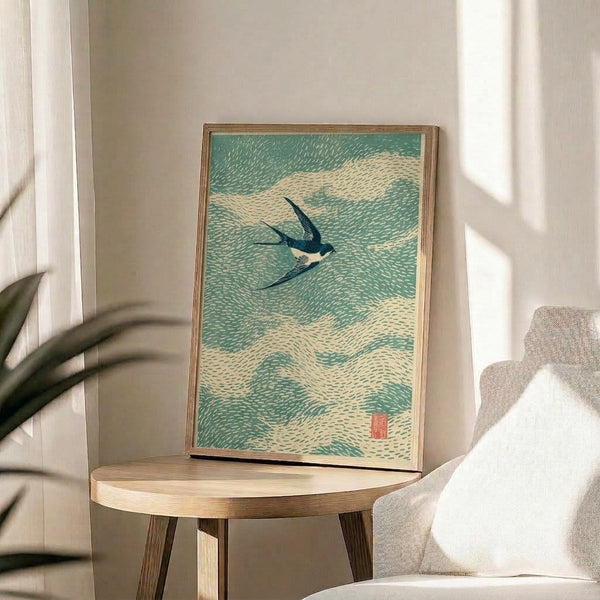 Serene coastal-themed poster with a lone swallow in flight, incorporating Japanese woodblock aesthetics and a calming palette of sage green, cream, and charcoal tones.