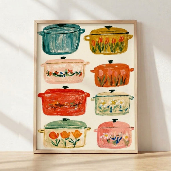Folk art poster featuring cheerful teal and coral Dutch ovens overflowing with tulips and daisies in cream, pink, and ochre tones, evoking cozy cottagecore charm on a framed wall.