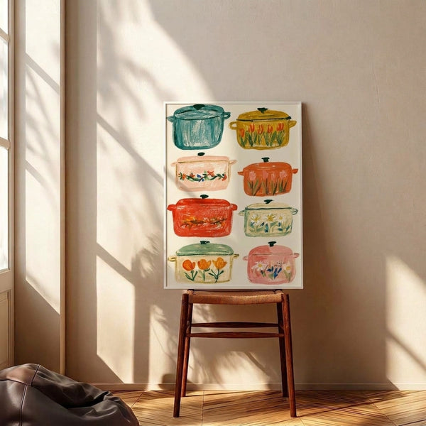 Cottagecore-inspired art print displaying whimsical cooking pots filled with colorful wildflowers in warm, muted pastels—a cheerful addition to farmhouse kitchen decor.