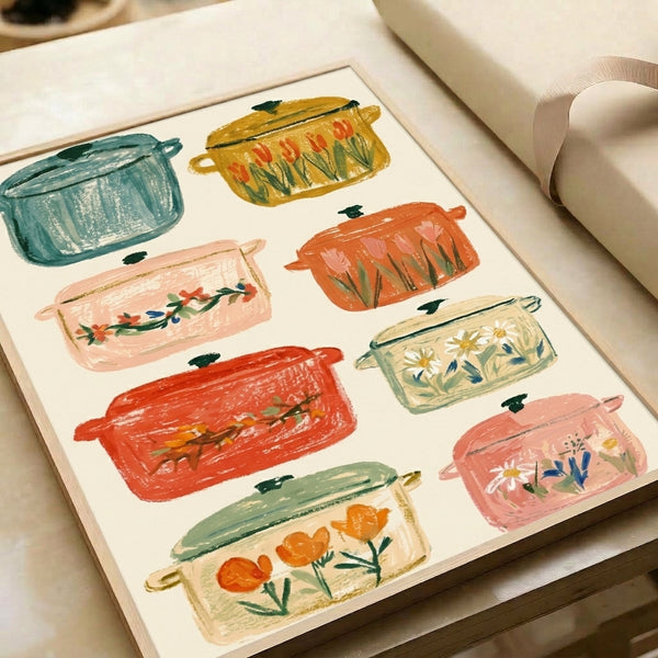Botanical folk art print showcasing traditional cookware adorned with flourishing daisies and tulips in a gentle palette of teal, pink, and ochre, perfect for cottage-style interiors.