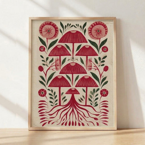 Whimsical folk art poster featuring a crimson mushroom surrounded by delicate flowers, leaves, and roots in earthy tones of burgundy, forest green, and cream on a framed wall print.