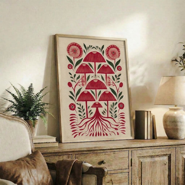 Boho cottagecore botanical artwork with a striking red mushroom as the centerpiece, accented by blooming flowers and leafy vines in warm, peaceful earth tones framed as a wall poster.