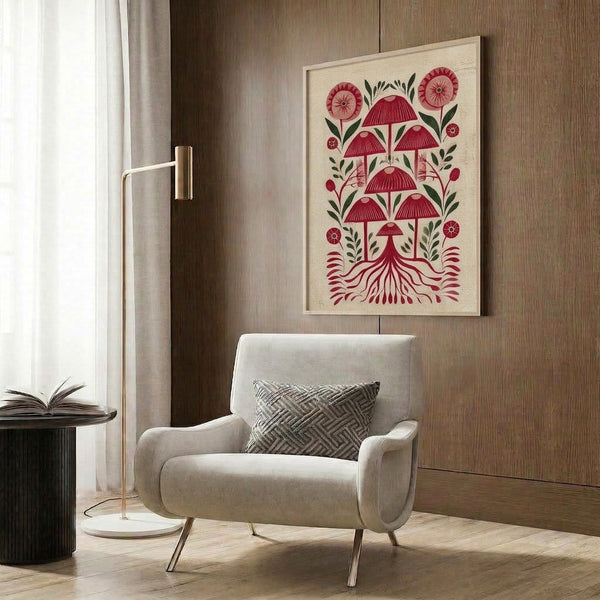 Earthy cottagecore poster showcasing a burgundy mushroom garden scene with hand-drawn flowers, leaves, and root details in muted cream and green tones, displayed as a framed botanical print.