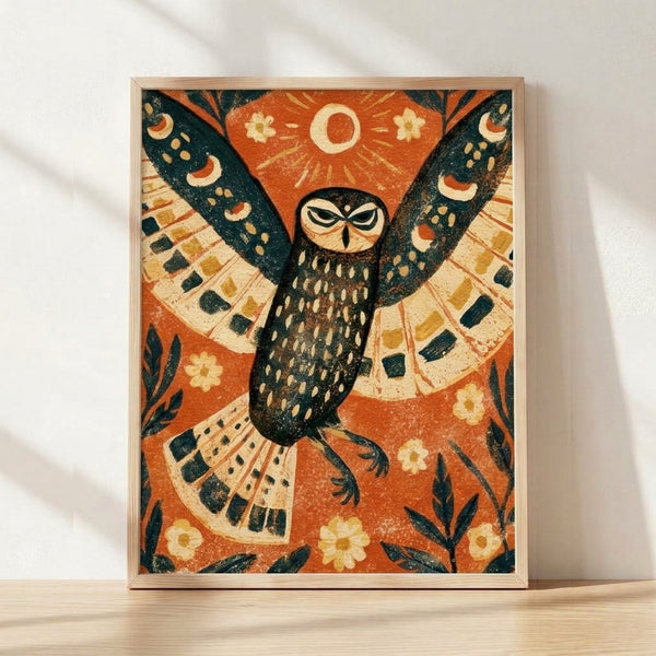 Folk art style framed poster of a mystical owl perched beneath a glowing moon, surrounded by watercolor flowers and feathers in burnt orange, teal, cream, and gold tones.