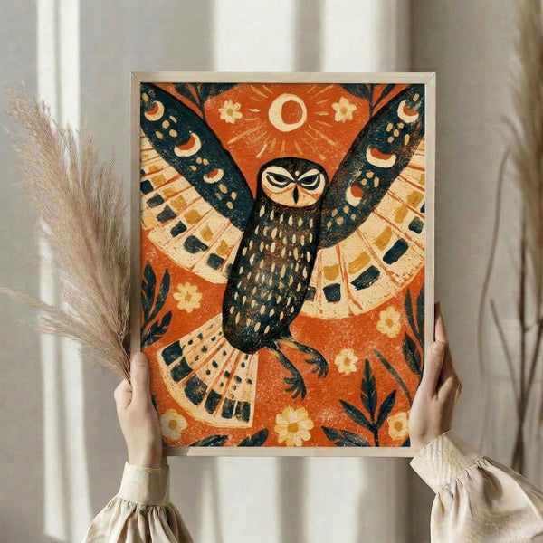 Boho cottage-core wall art print featuring an owl gazing at the moon with delicate floral and feather details in earthy rust and teal hues.