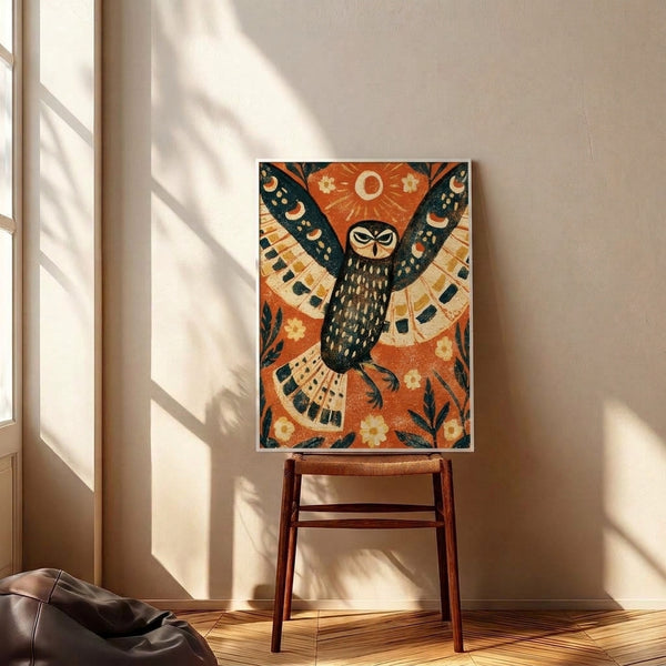 Whimsical celestial folk art poster with an owl silhouette, crescent moon, and botanical elements in warm burnt orange and cool teal against a cream background.