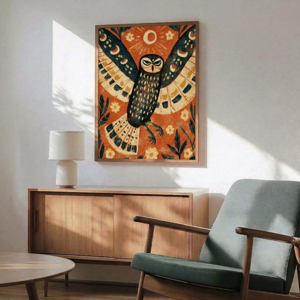 Mystical framed art print of an owl under moonlight adorned with watercolor flowers and feathers, rendered in earthy boho colors of rust, teal, and gold.