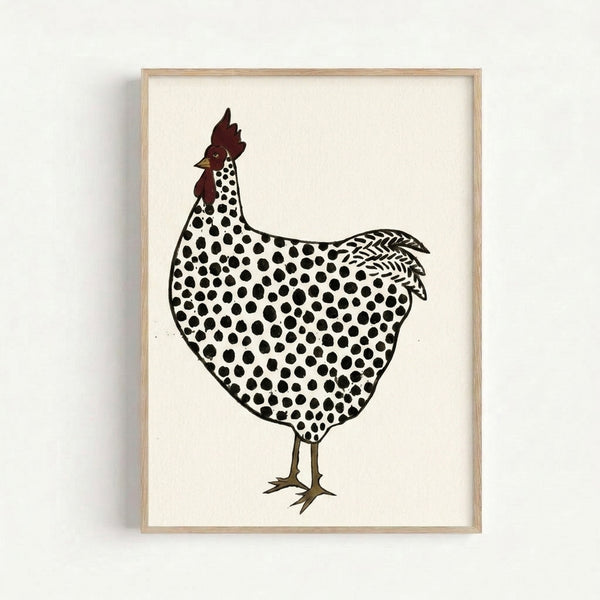 Rustic farmhouse poster featuring a whimsical spotted hen rendered in simple line art with warm ochre and cream tones.