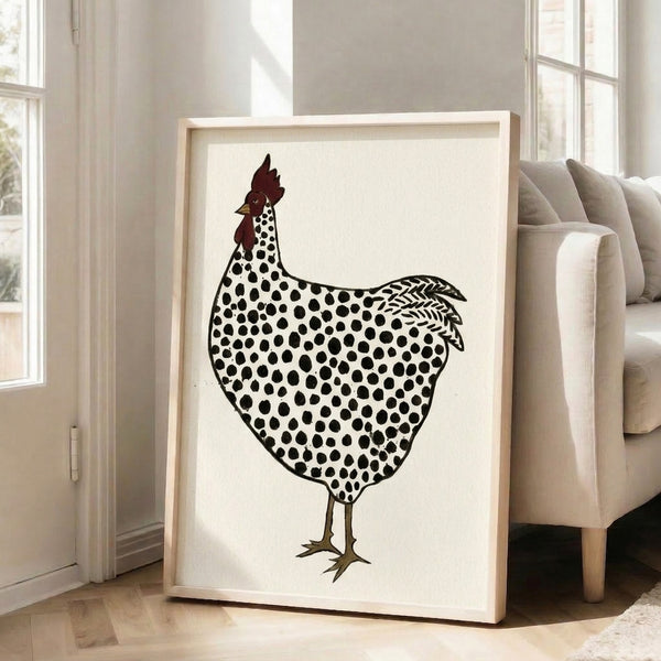Japandi wall art depicting a charming polka dot hen in linocut aesthetic, combining cream backgrounds with bold dark lines and warm brown tones.