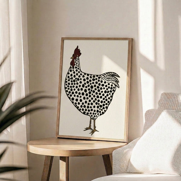 Folk art rooster poster with playful spotted pattern, rendered in a rustic linework style using cream, black, and deep red pigments.