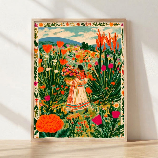 Folk art illustration of a woman in a wildflower meadow gathering blooms into a basket, with mountains in the distance and a warm cottagecore palette of orange, magenta, forest green, and cream.
