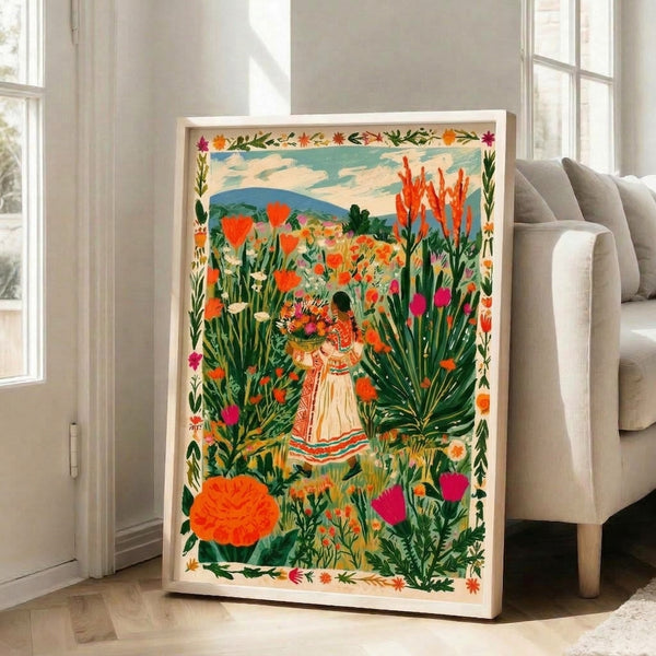 Boho-style framed poster depicting a joyful woman collecting flowers in a pastoral landscape, featuring vibrant wildflowers, teal and green tones, and a whimsical folk art aesthetic.